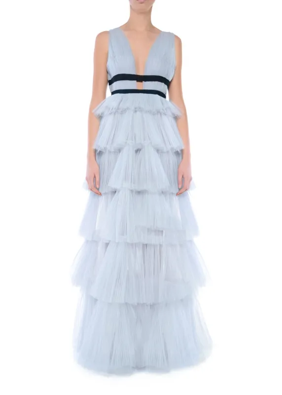 Eliza Dusty Blue Plunging Neck Layered Tulle Skirt Maxi-Dress sold by True Decadence