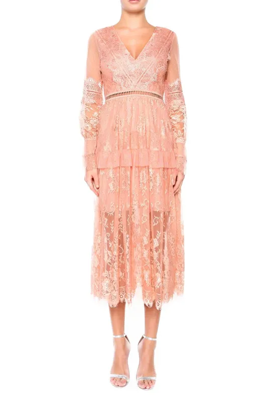 Emmie Dusty Peach V-Neck Lace Midi Dress sold by True Decadence