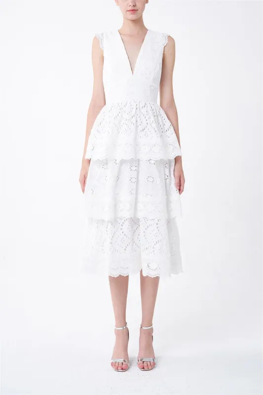 White Mary Tiered Eyelet Midi-Dress sold by True Decadence