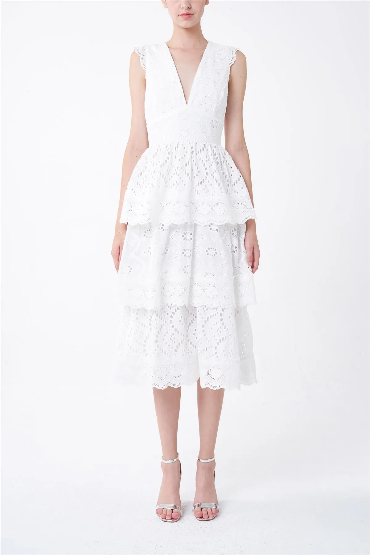 White Mary Tiered Eyelet Midi-Dress sold by True Decadence