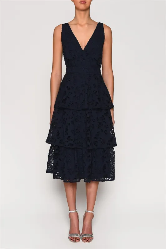 Navy-Cutwork-Organza Clara Bow Back Tiered Midi Dress sold by True Decadence
