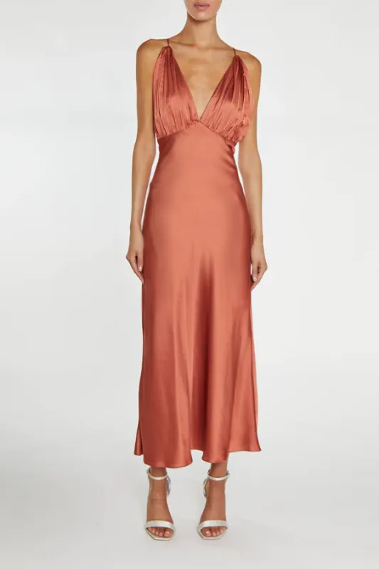 Marilyn Dusty-Coral Satin Pleated Halterneck Midaxi Dress sold by True Decadence