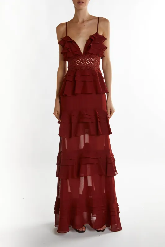 Sophia Burgundy Deep Plunge Layered Ruffle Maxi Dress sold by True Decadence