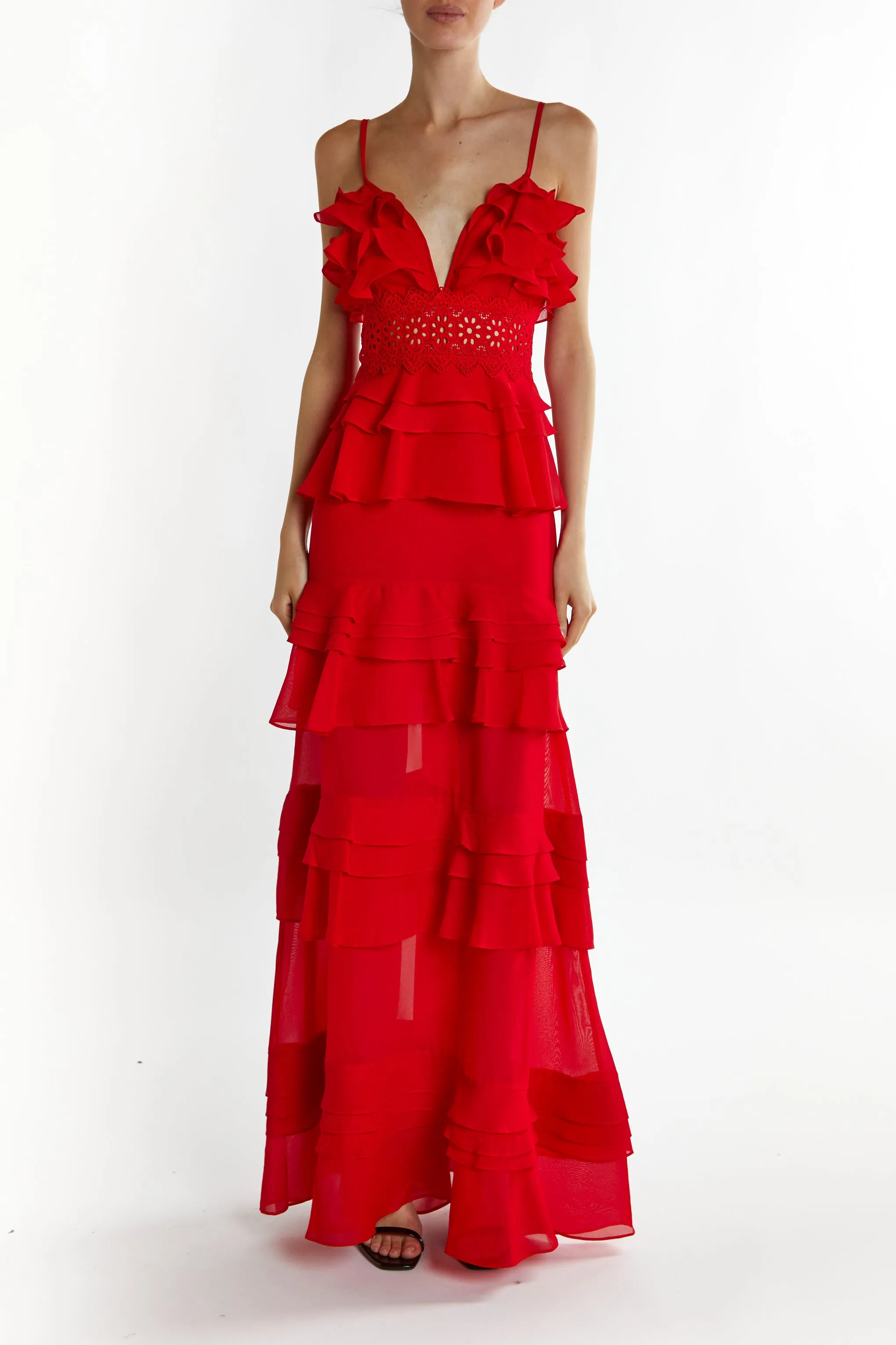 Sophia Red Deep Plunge Layered Ruffle Maxi-Dress sold by True Decadence