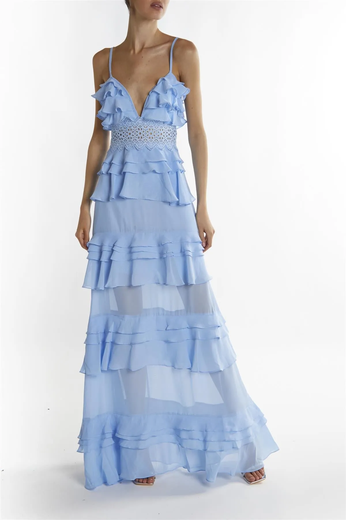 Sky Blue Sophia Plunge Front Tiered Ruffle Maxi Dress sold by True Decadence product image thumbnail 3