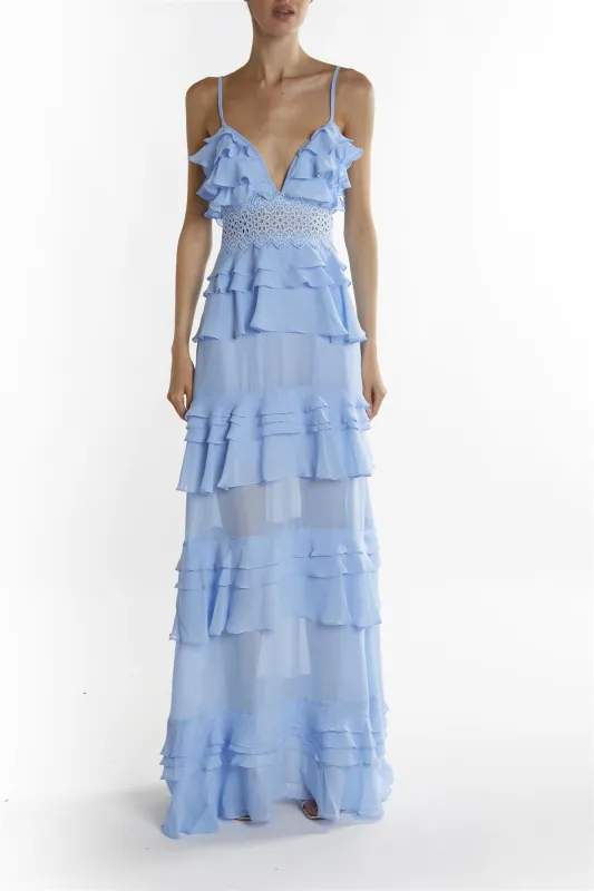 Sky Blue Sophia Plunge Front Tiered Ruffle Maxi Dress sold by True Decadence