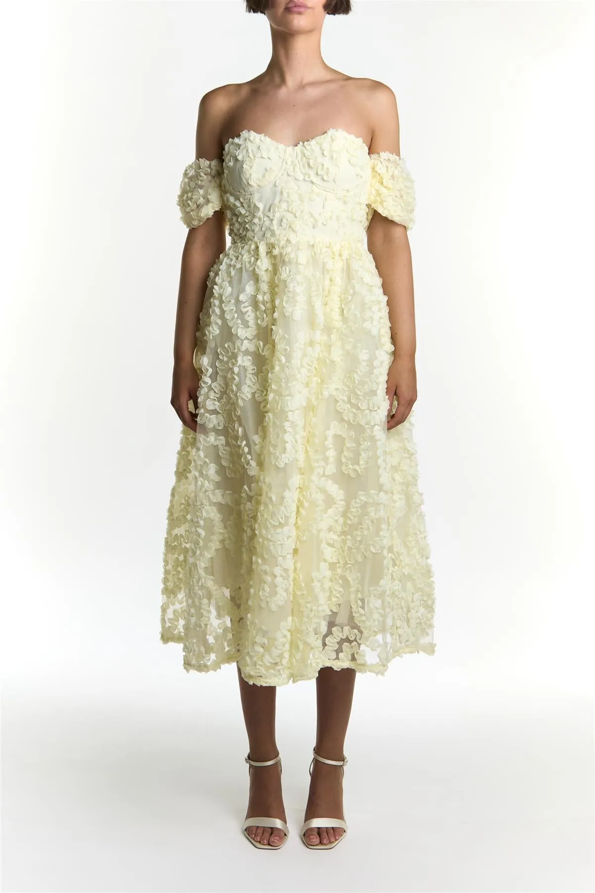 Pale-Yellow Amelia Bardot Bust Cup Midi Dress sold by True Decadence