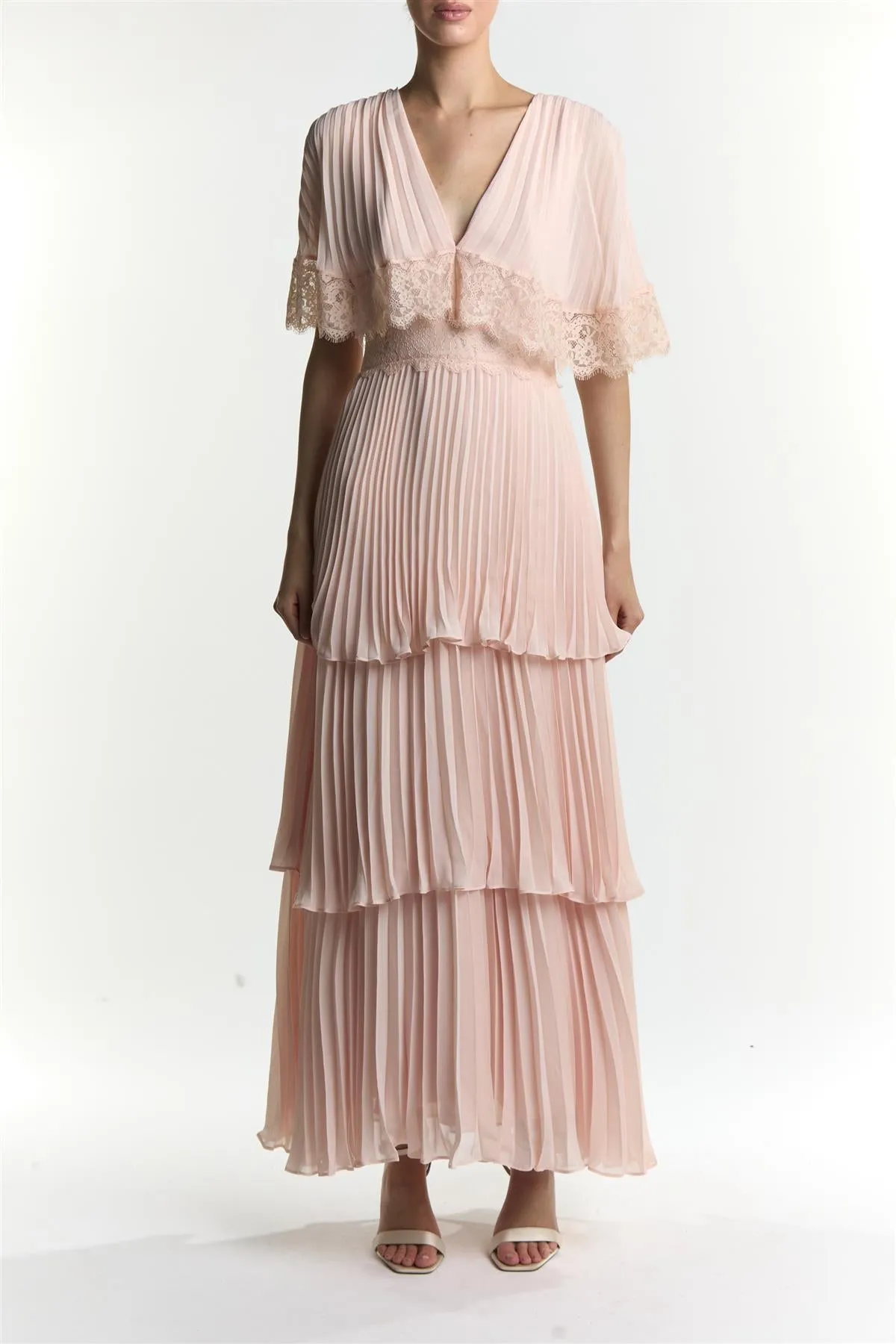 Soft Pink Julie Cape Sleeve Pleated Maxi-Dress sold by True Decadence