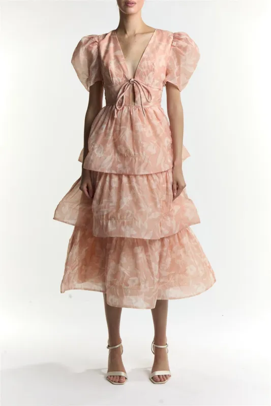 Ariella Peach Stone Floral Tiered Midi Dress sold by True Decadence