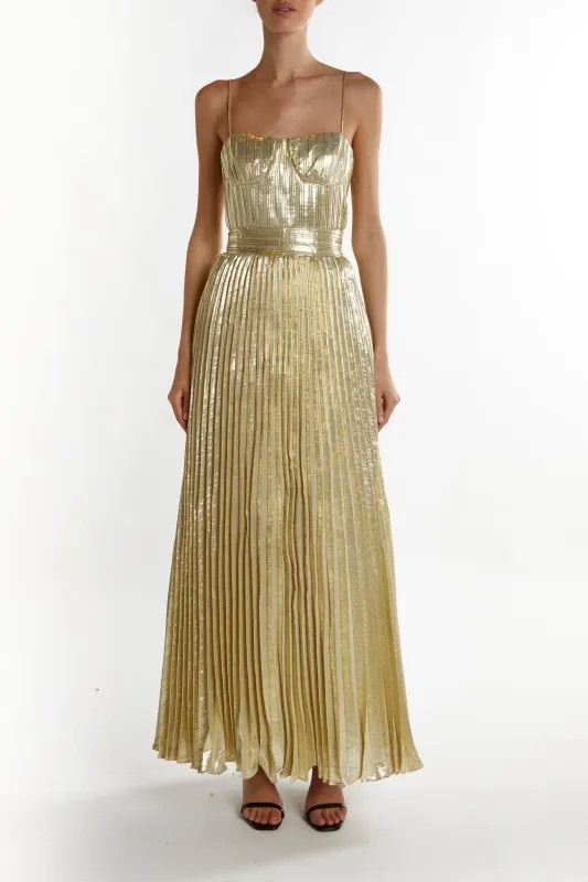 Kate Light-Gold Crinkle Pleated Strappy Maxi Dress made by True Decadence