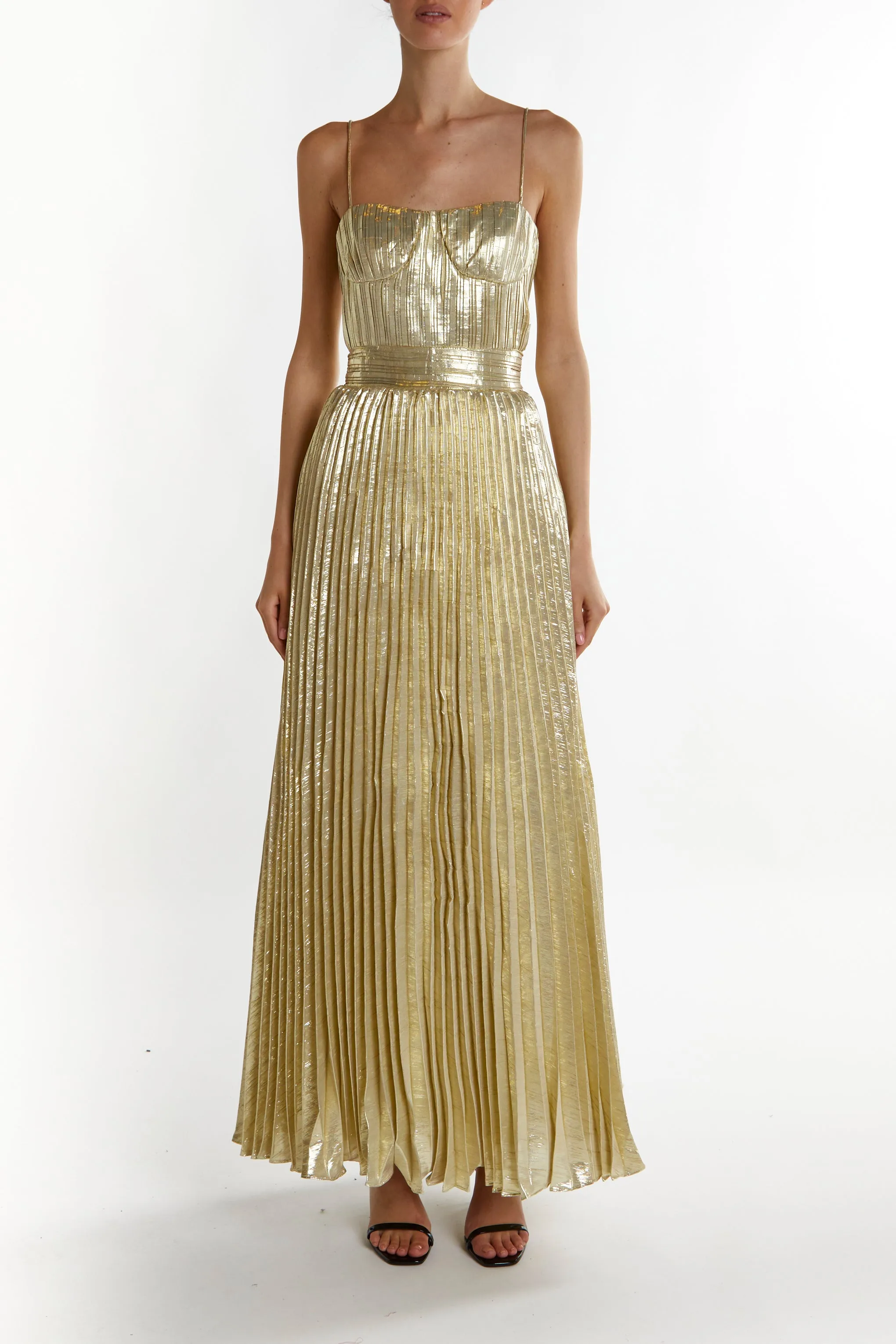 Kate Light-Gold Crinkle Pleated Strappy Maxi Dress sold by True Decadence