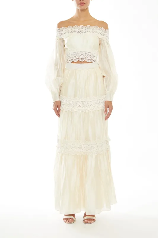 Faith Co-Ord Pale Stone Lace-Trim Bardot Crop-Top sold by True Decadence