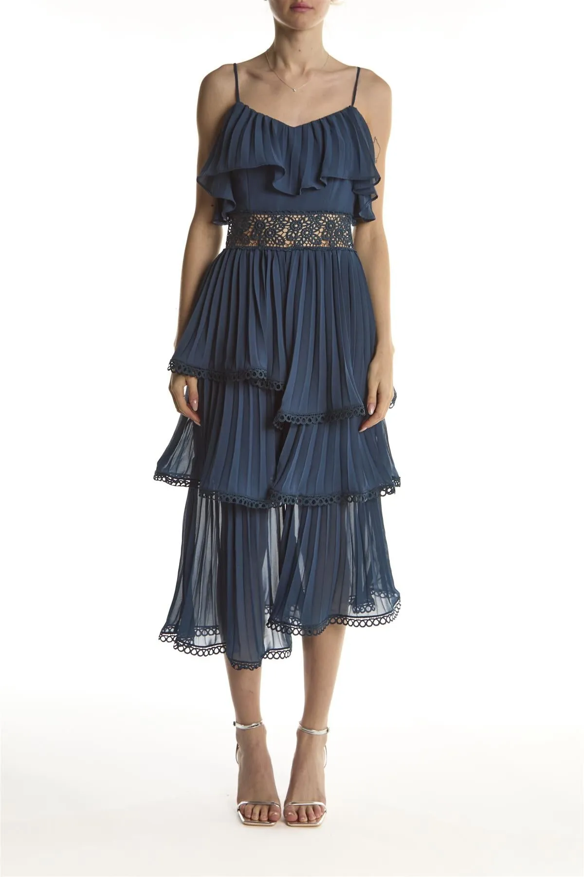 Marie Petrol Blue Waterfall Midi-Dress sold by True Decadence
