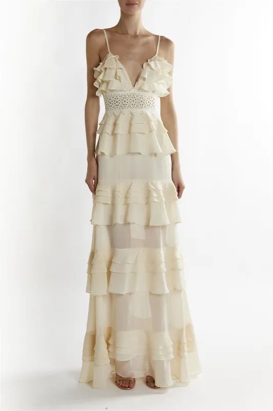 Cream Sophia Plunge Front Tiered Ruffle Maxi-Dress sold by True Decadence