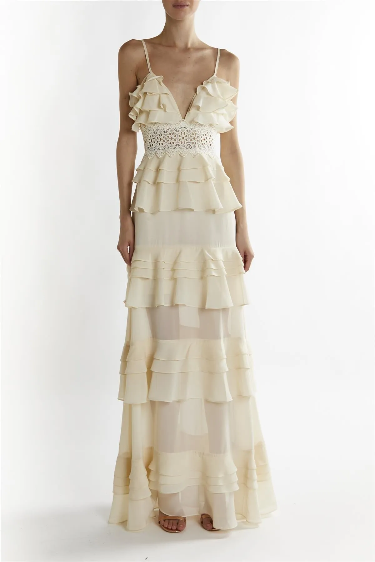 Cream Sophia Plunge Front Tiered Ruffle Maxi-Dress sold by True Decadence