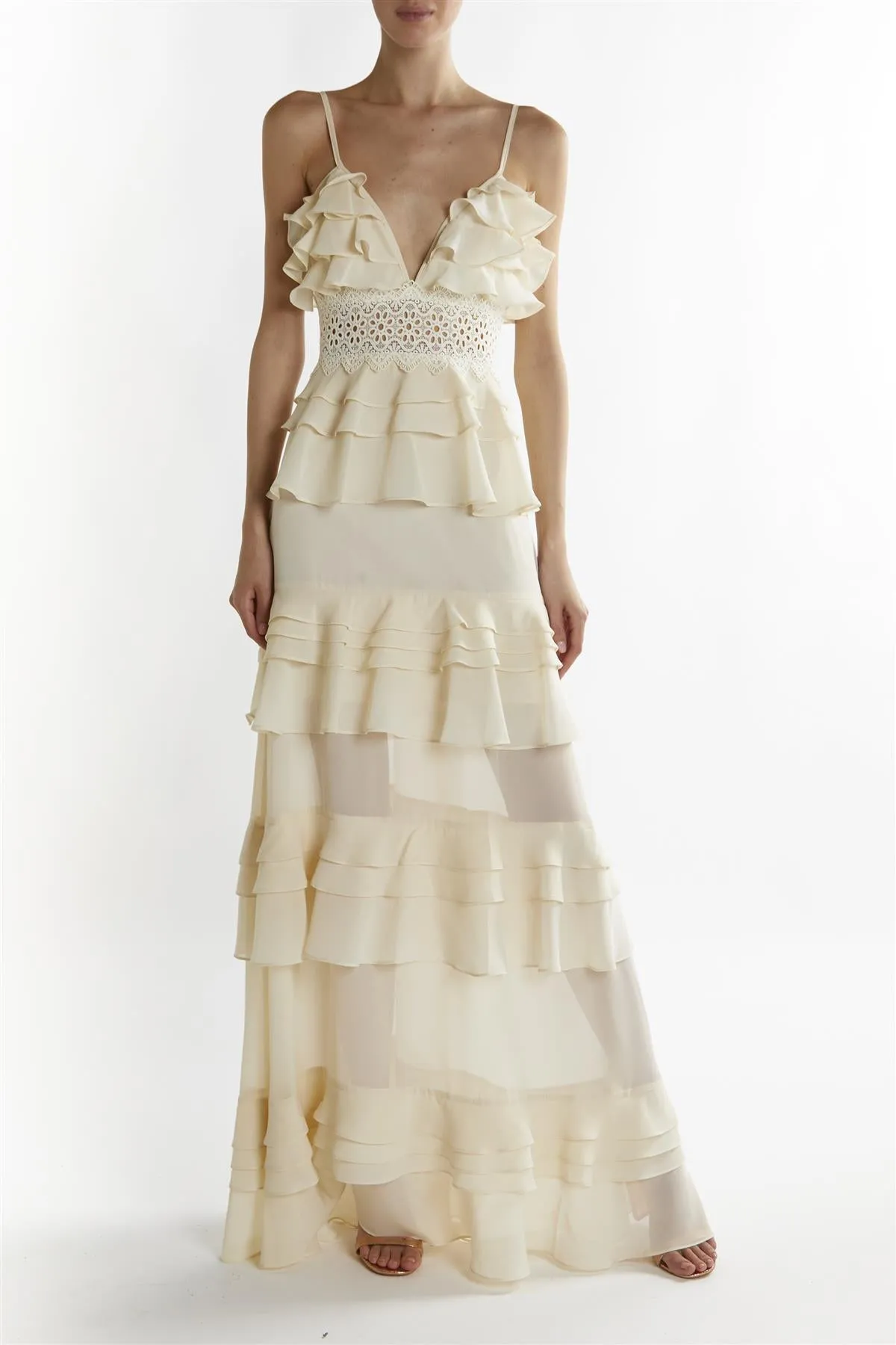 Cream Sophia Plunge Front Tiered Ruffle Maxi-Dress sold by True Decadence product image thumbnail 3