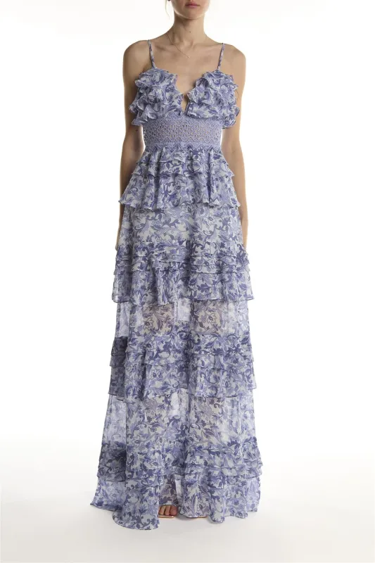 Blue Folk-Floral Sophia Plunge Front Tiered Ruffle Maxi-Dress sold by True Decadence