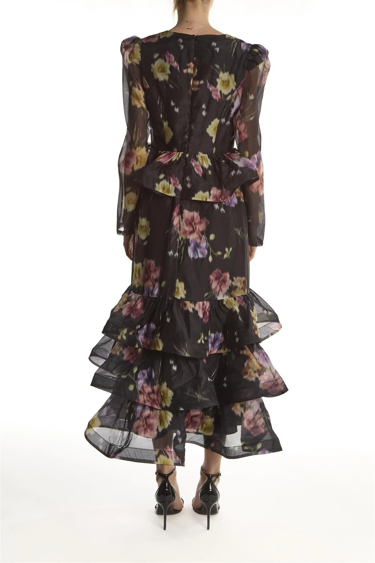 Black Blur Flower Peplum Ruffle Midaxi-Dress sold by True Decadence product image thumbnail 2