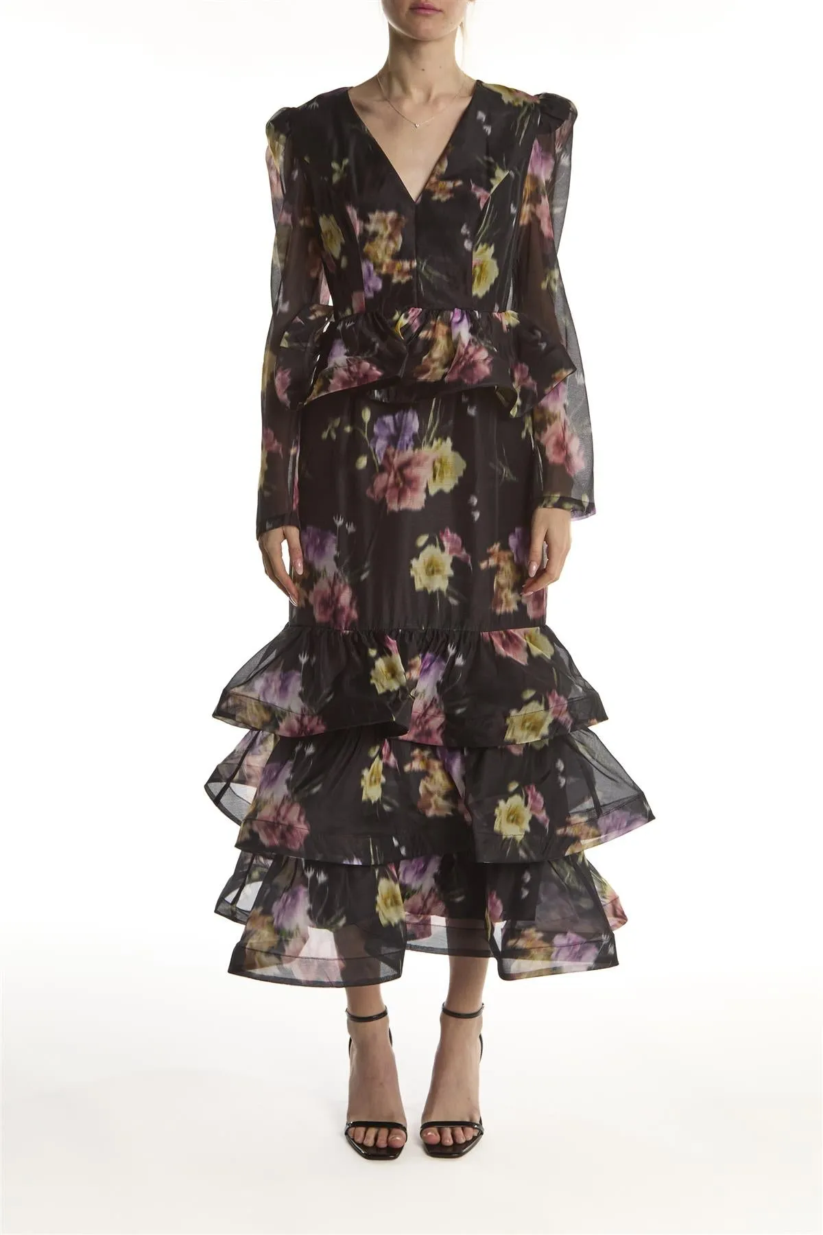 Black Blur Flower Peplum Ruffle Midaxi-Dress sold by True Decadence