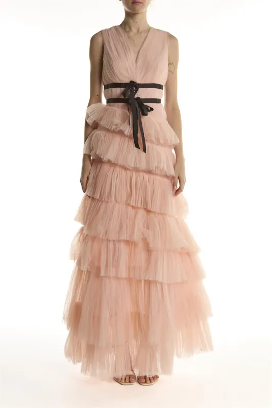Peachy Pink Tiered Dropped Waist Maxi-Dress sold by True Decadence