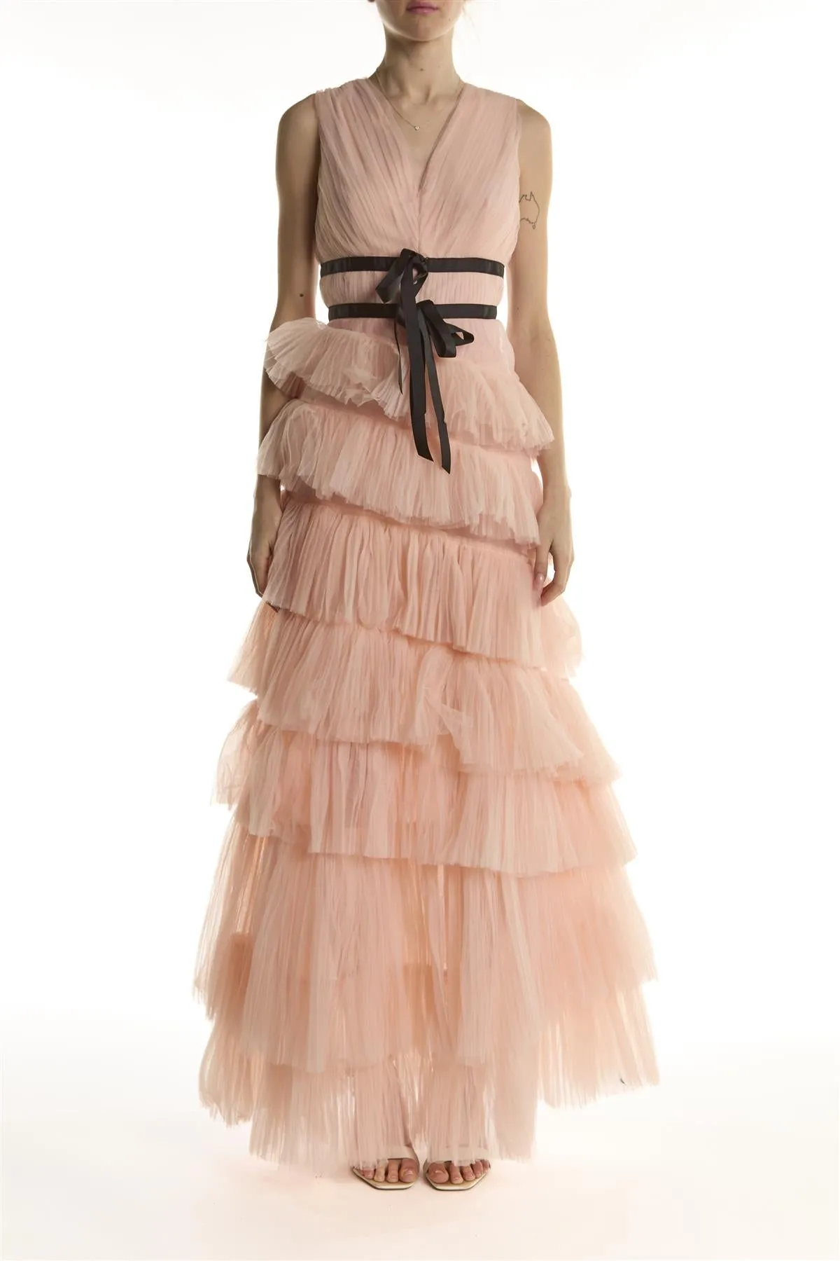 Peachy Pink Tiered Dropped Waist Maxi-Dress sold by True Decadence