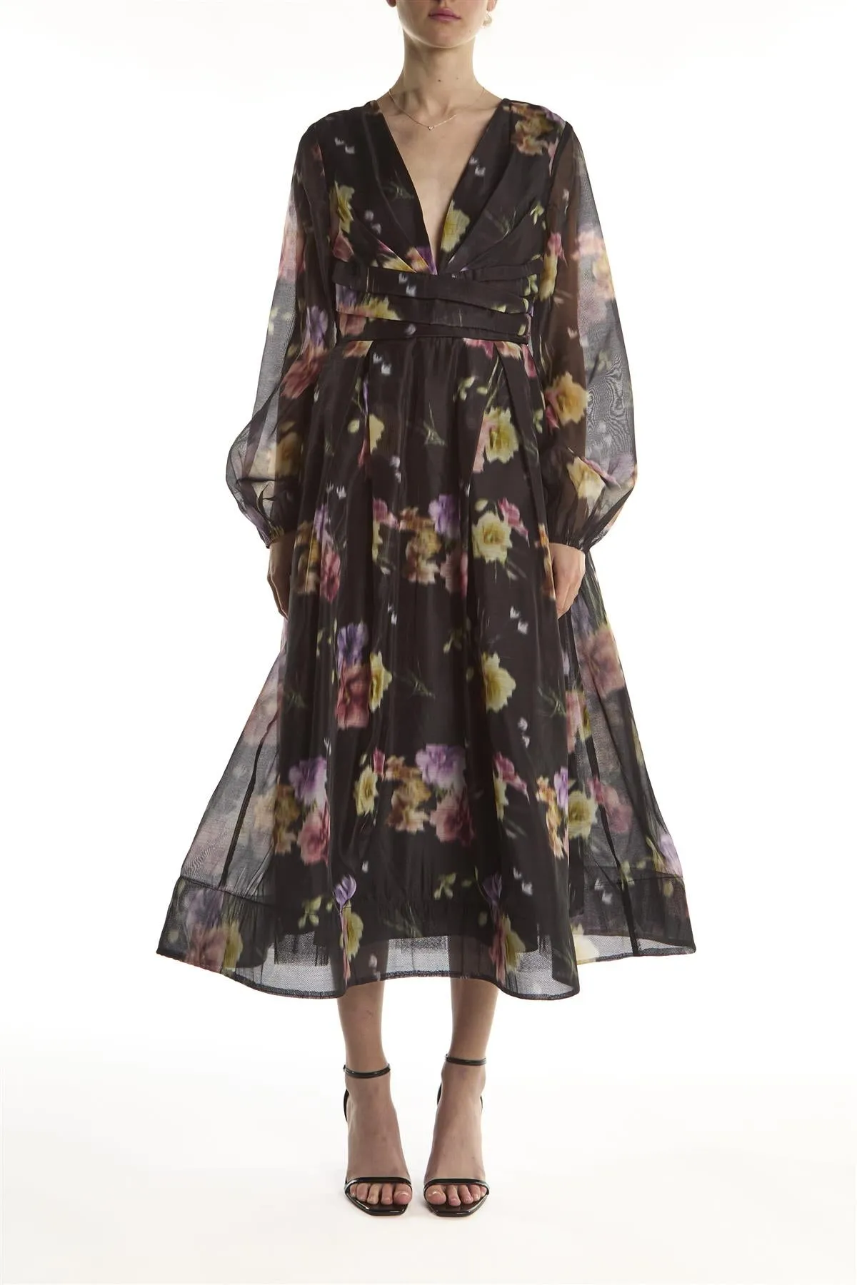 Black Blur Flower Long-Sleeve V-Neck Midaxi-Dress sold by True Decadence