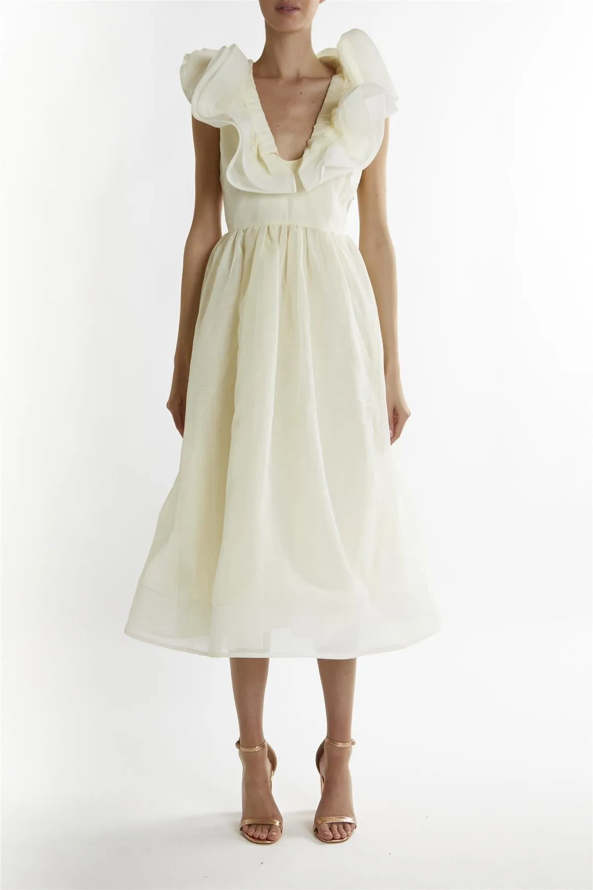 Soft-Yellow Peyton Ruffle Midi Dress sold by True Decadence