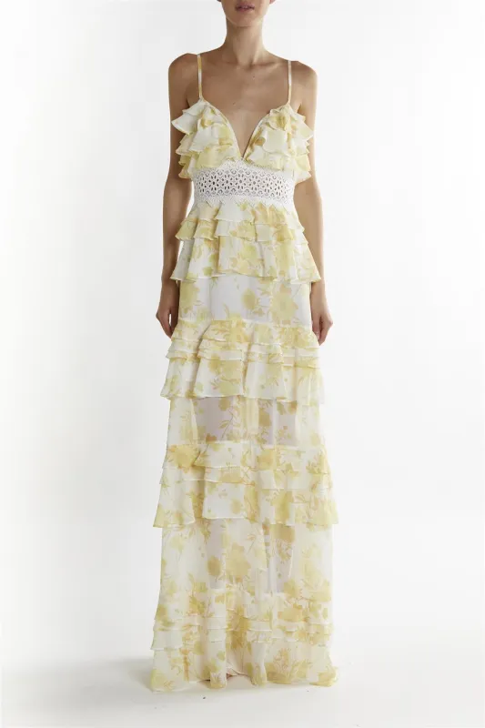 Yellow Watercolour-Floral Sophia Plunge Front Tiered Ruffle Maxi-Dress sold by True Decadence