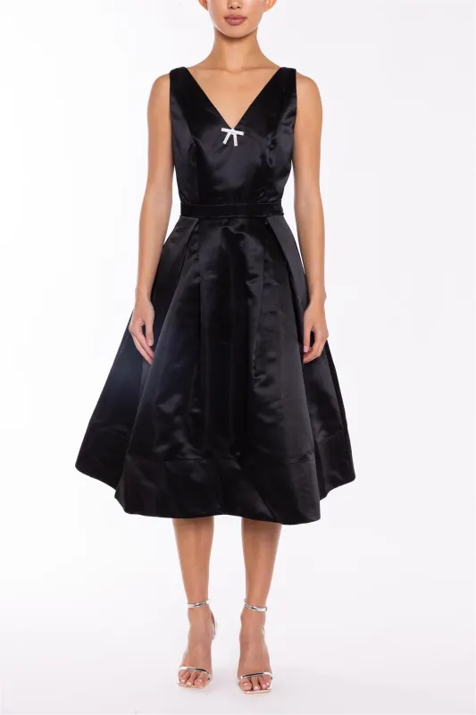 Aubrey Black V-Neck Puff Skirt Midi Dress sold by True Decadence