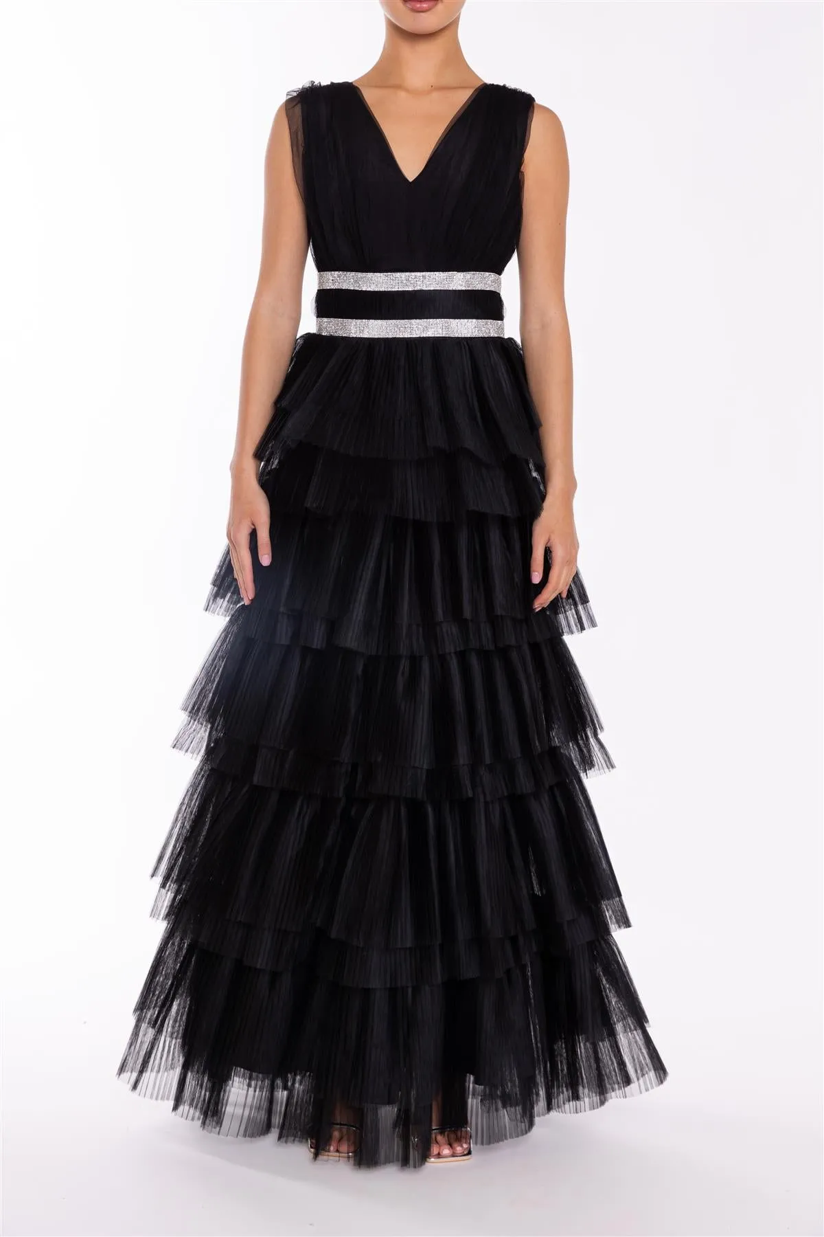 Elizabeth Black Diamante Belted Tulle Maxi Dress sold by True Decadence