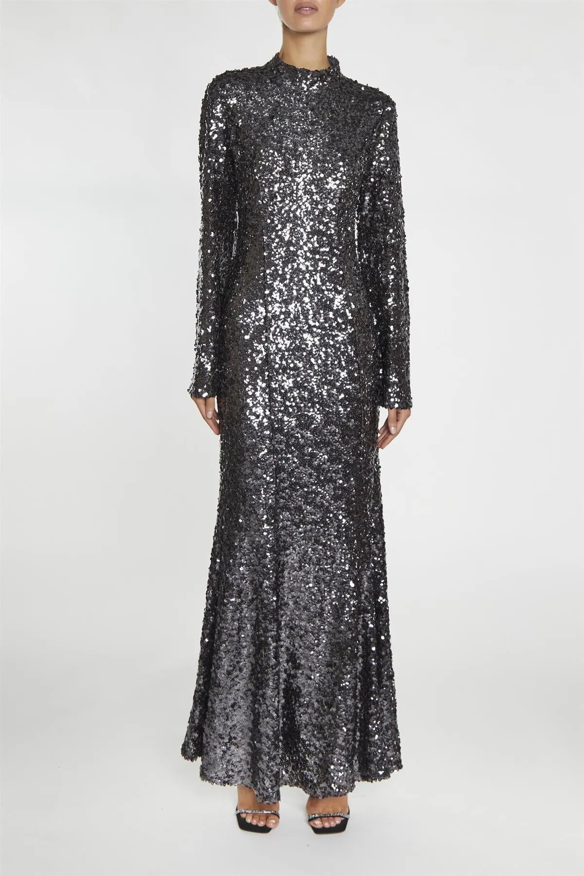 Vanessa Dark Pewter Sequin Open Back Maxi Dress sold by True Decadence