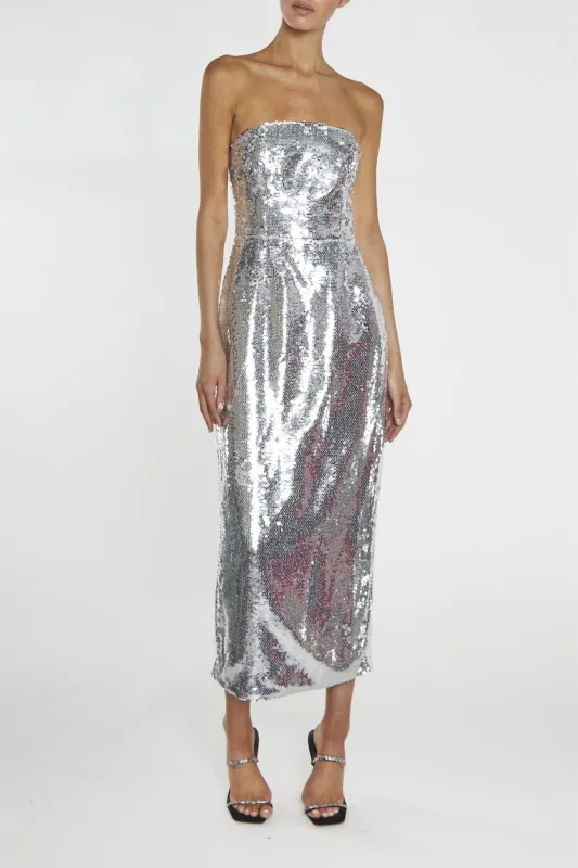 Paris Silver Sequin Bandeau Tailored Midaxi Dress sold by True Decadence