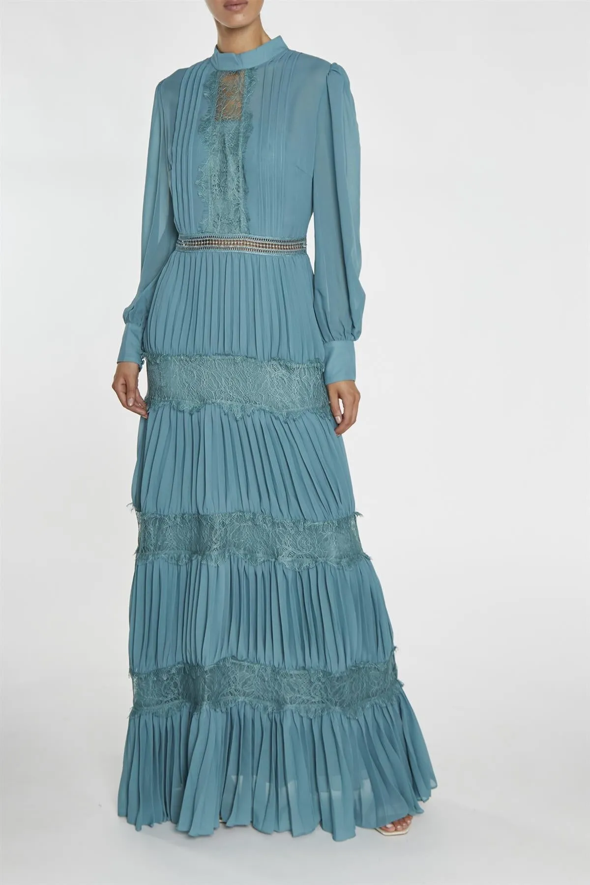 Holly Mineral Blue High-Neck Pleated Maxi Dress sold by True Decadence