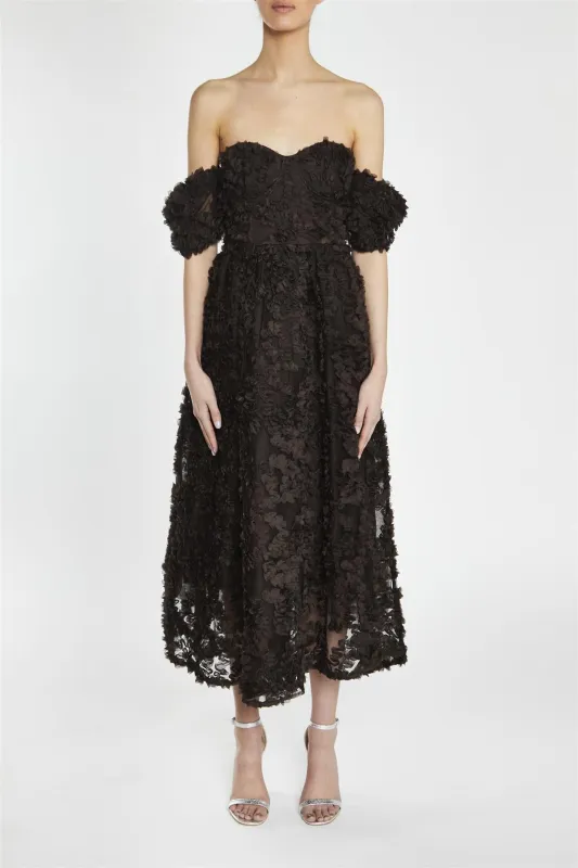 Amelia Dark Chocolate Bardot Bust Cup Midi Dress sold by True Decadence