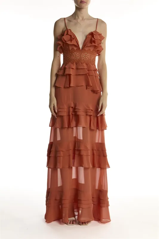 Soft Rust Sophia Plunge Front Tiered Ruffle Maxi-Dress sold by True Decadence
