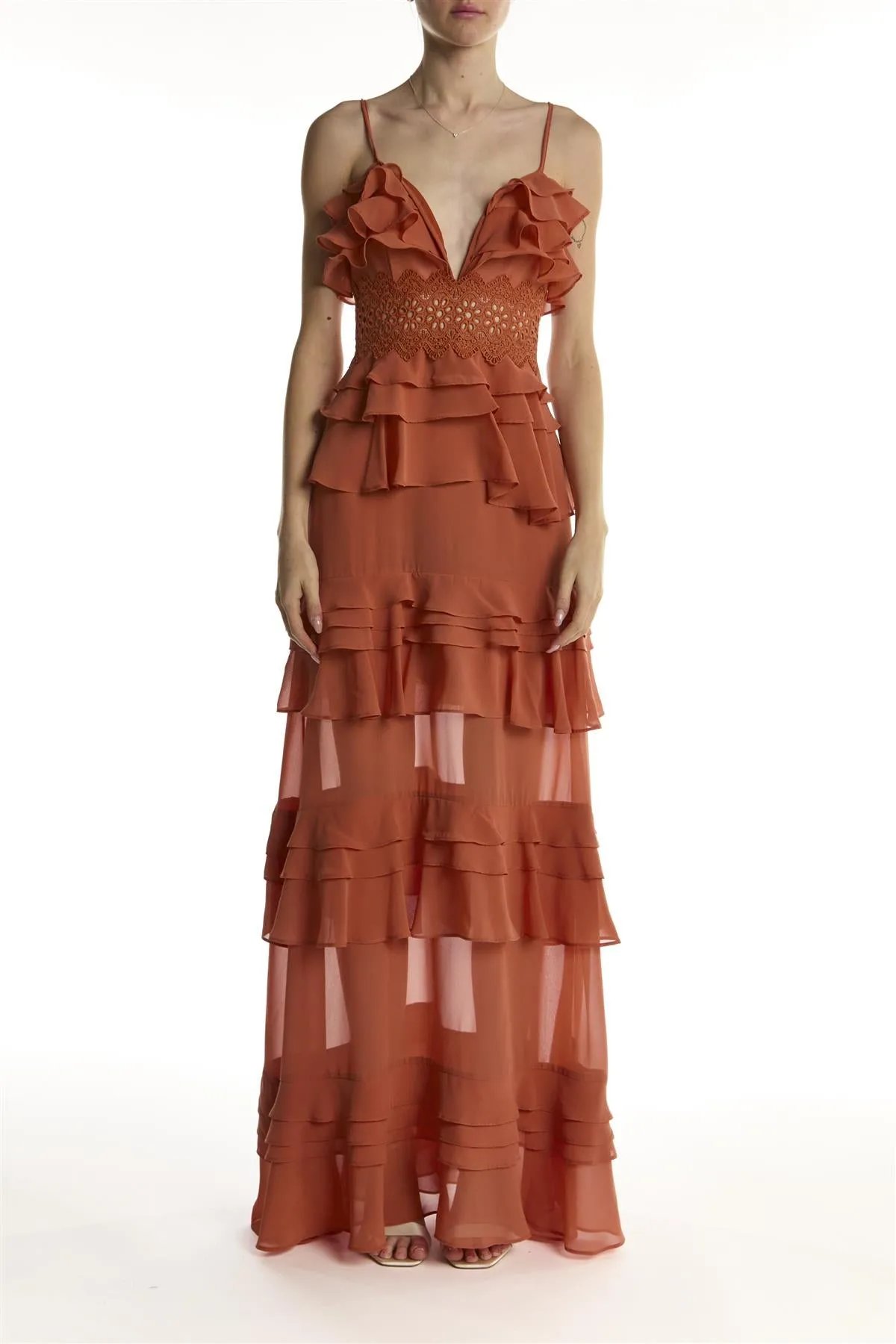 Soft Rust Sophia Plunge Front Tiered Ruffle Maxi-Dress sold by True Decadence