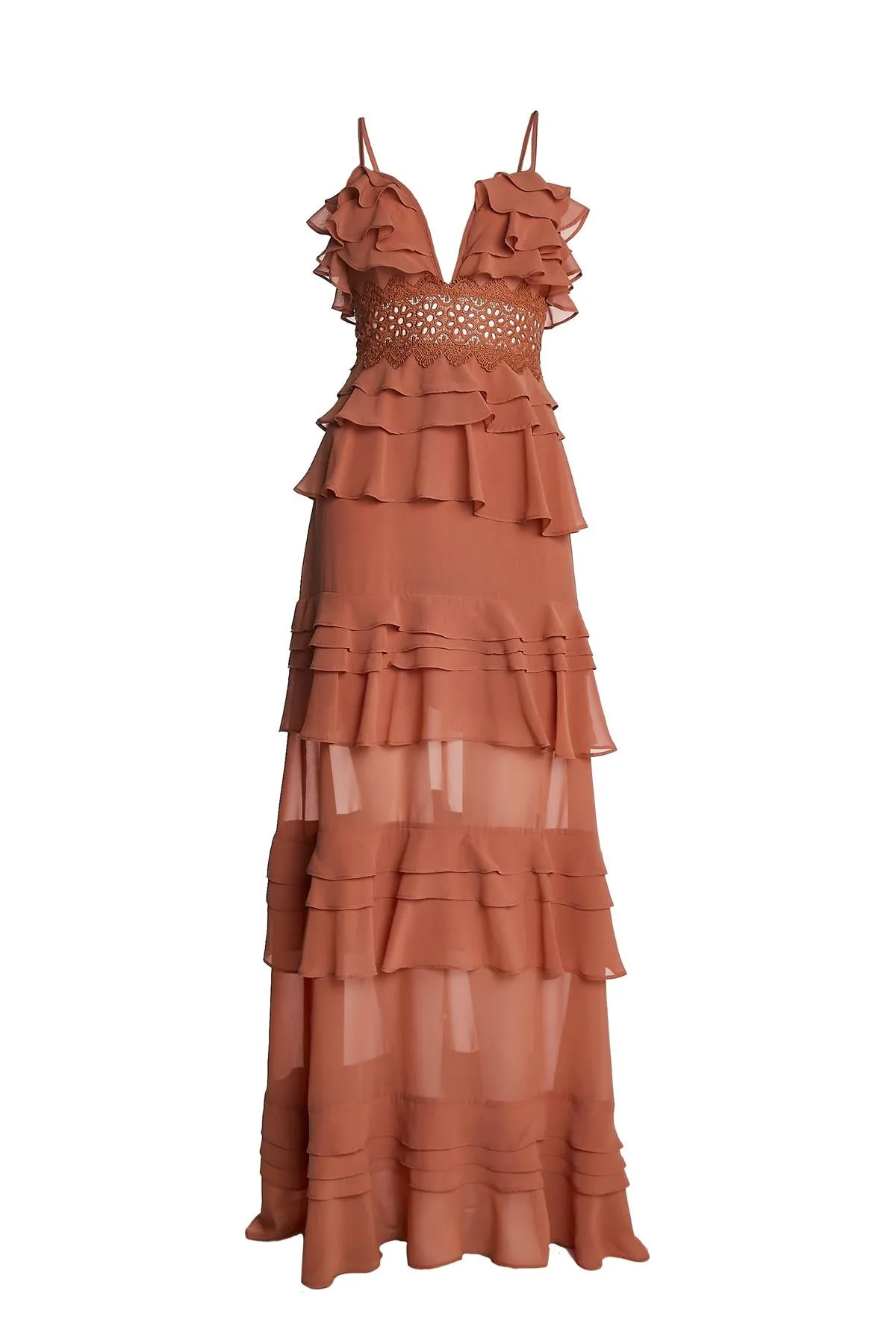Soft Rust Sophia Plunge Front Tiered Ruffle Maxi-Dress sold by True Decadence product image thumbnail 3