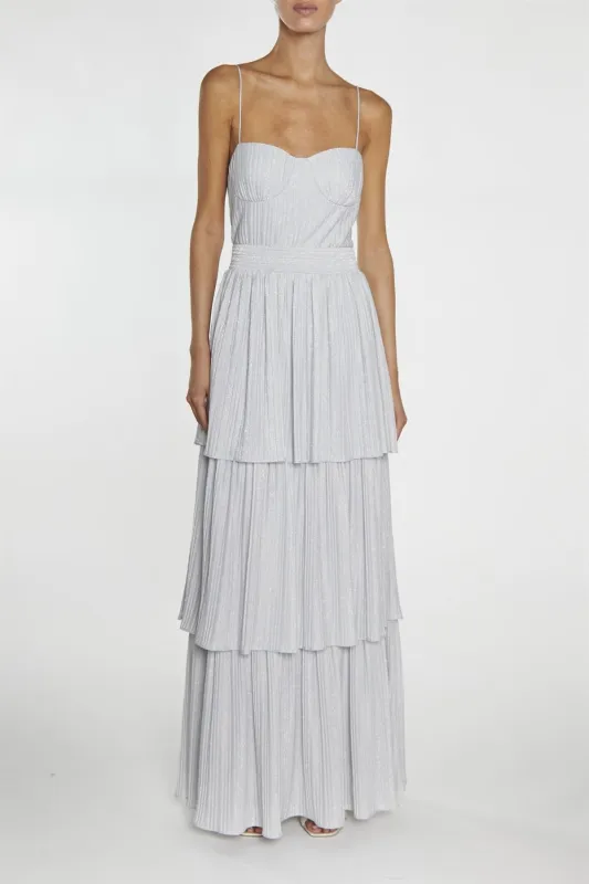 Jayda Silver Pleated Metallic Tiered Maxi Dress sold by True Decadence