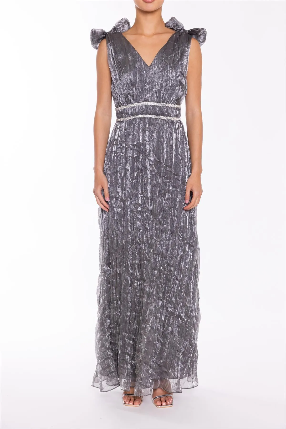 Leia Petrol Crinkle Organza Bow Shoulder Maxi Dress sold by True Decadence