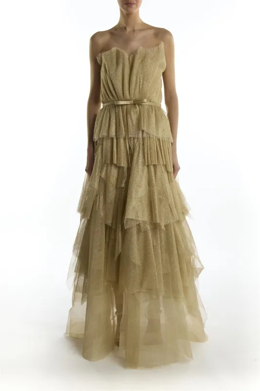 Gold Glitter Tiered Strapless Organza Cocktail Dress sold by True Decadence