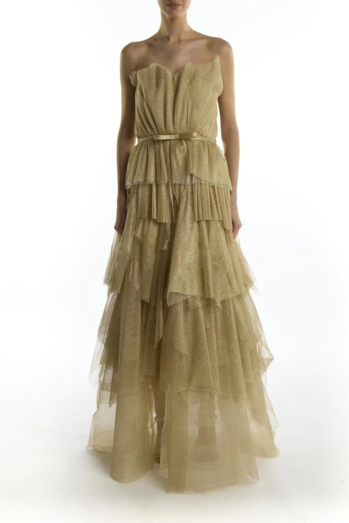 Gold Glitter Tiered Strapless Organza Cocktail Dress sold by True Decadence