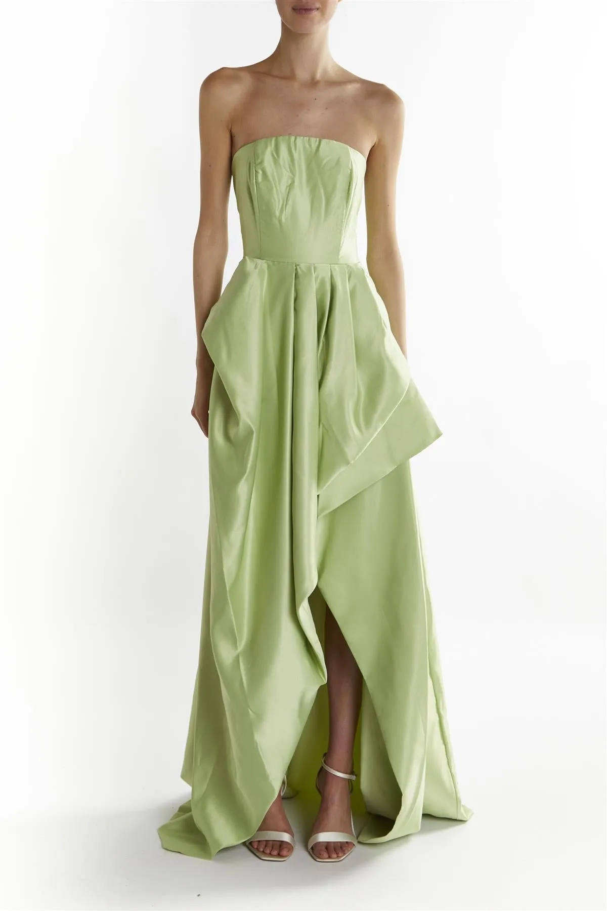 Emma Soft Green Bandeau Neck Hi-Low Hem Maxi Dress sold by True Decadence