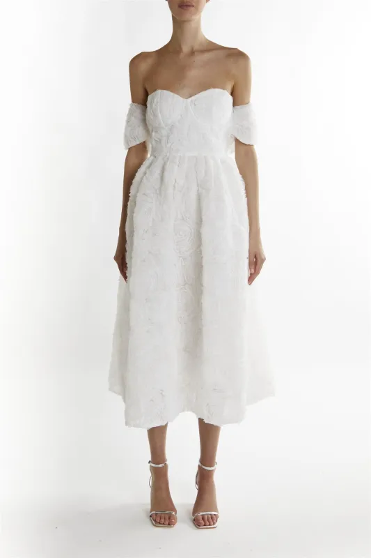 White Applique-Mesh Amelia Bardot Bust Cup Midi Dress sold by True Decadence