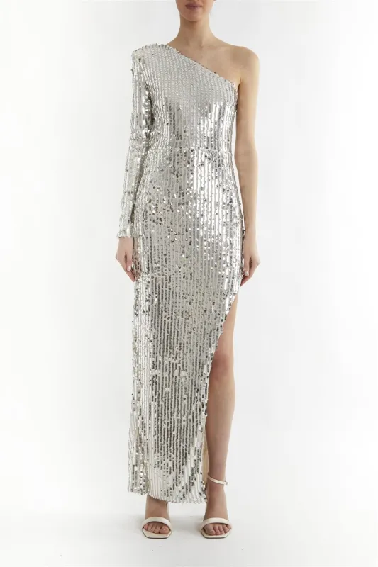 Ellen Silver-Nude Sequin Asymmetric-Sleeve Side Split Maxi-Dress sold by True Decadence