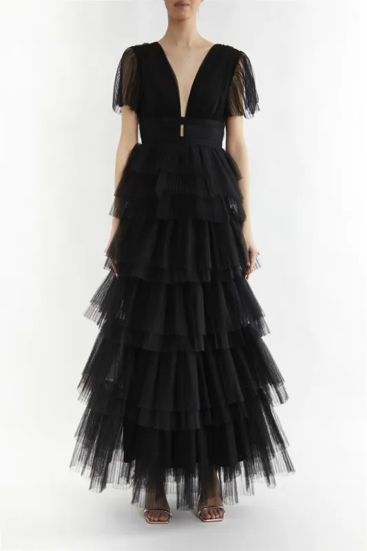Deliza Black Plunge Front Tiered Maxi Dress made by True Decadence