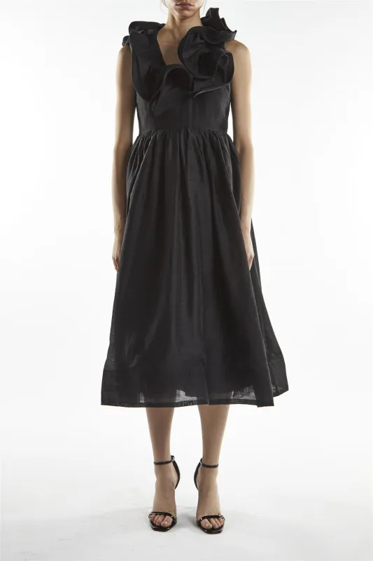 Black Peyton Ruffle Midi Dress sold by True Decadence