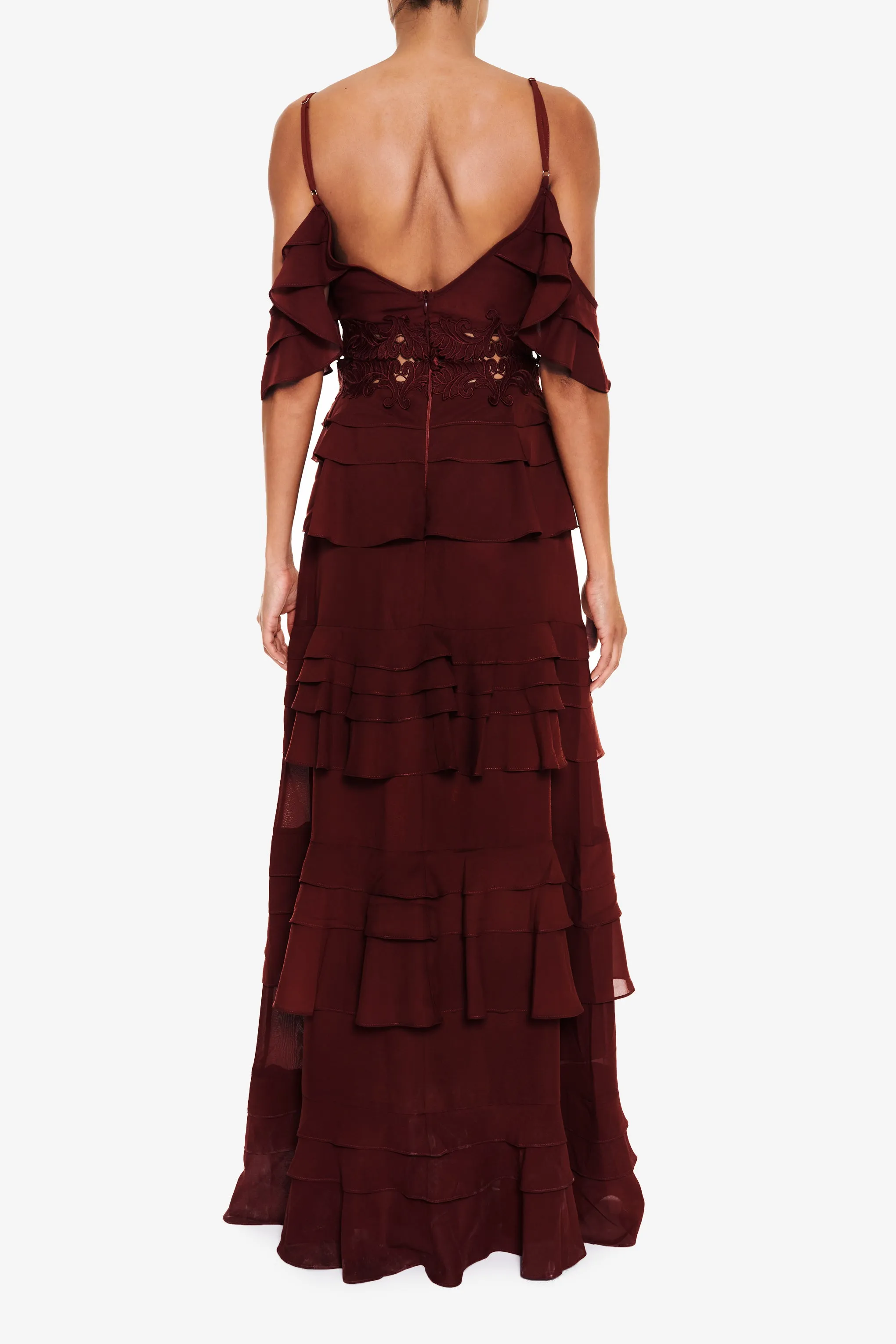 Olivia Burgundy Cold-Shoulder Tiered Ruffle Maxi-Dress sold by True Decadence product image thumbnail 2