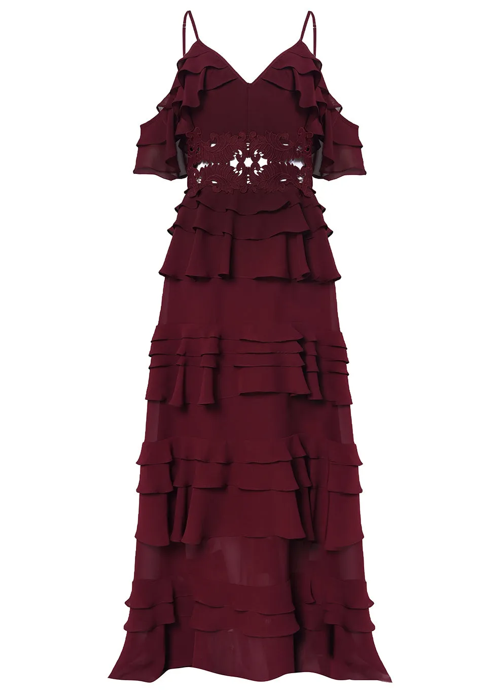 Olivia Burgundy Cold-Shoulder Tiered Ruffle Maxi-Dress sold by True Decadence product image thumbnail 3