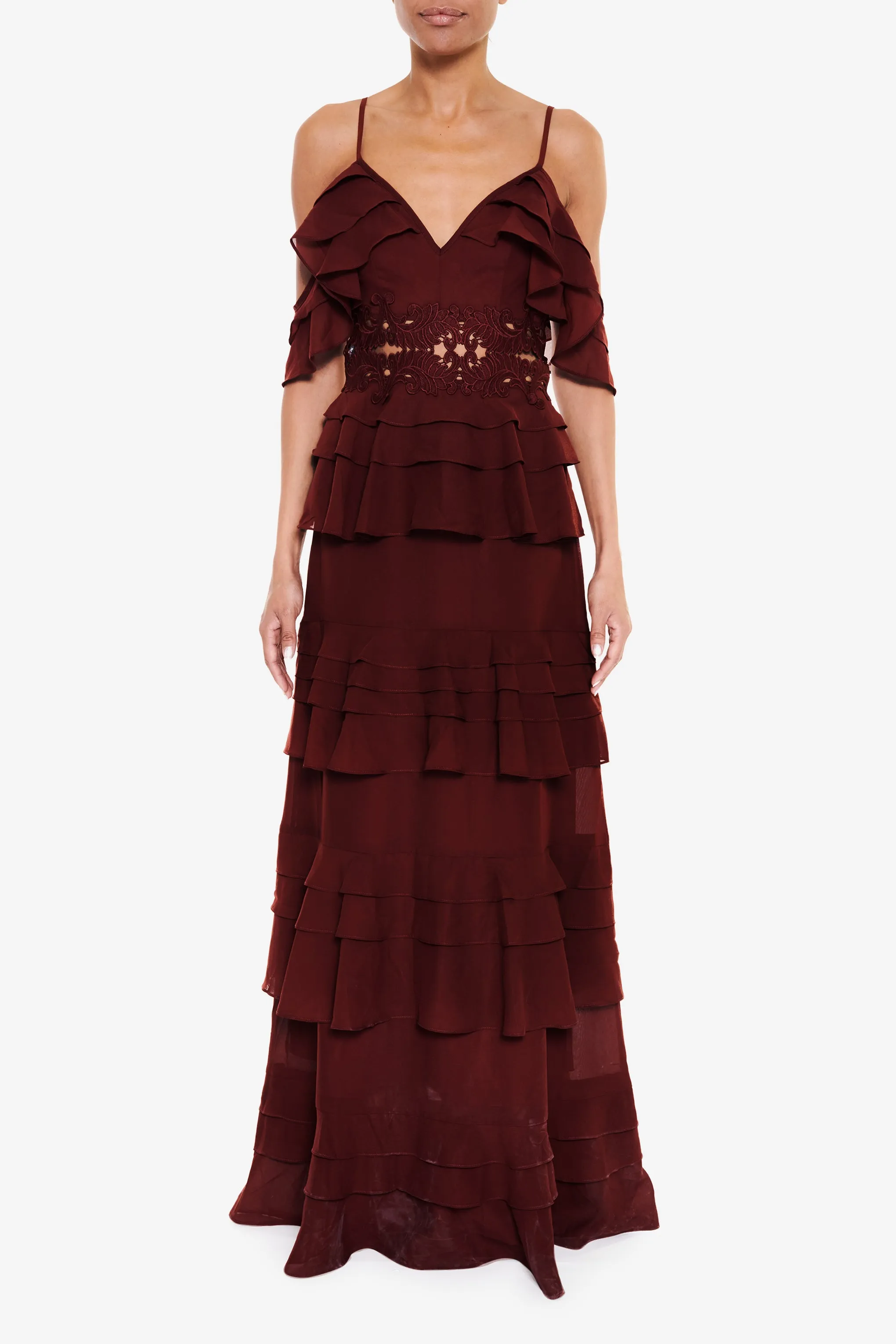Olivia Burgundy Cold-Shoulder Tiered Ruffle Maxi-Dress sold by True Decadence