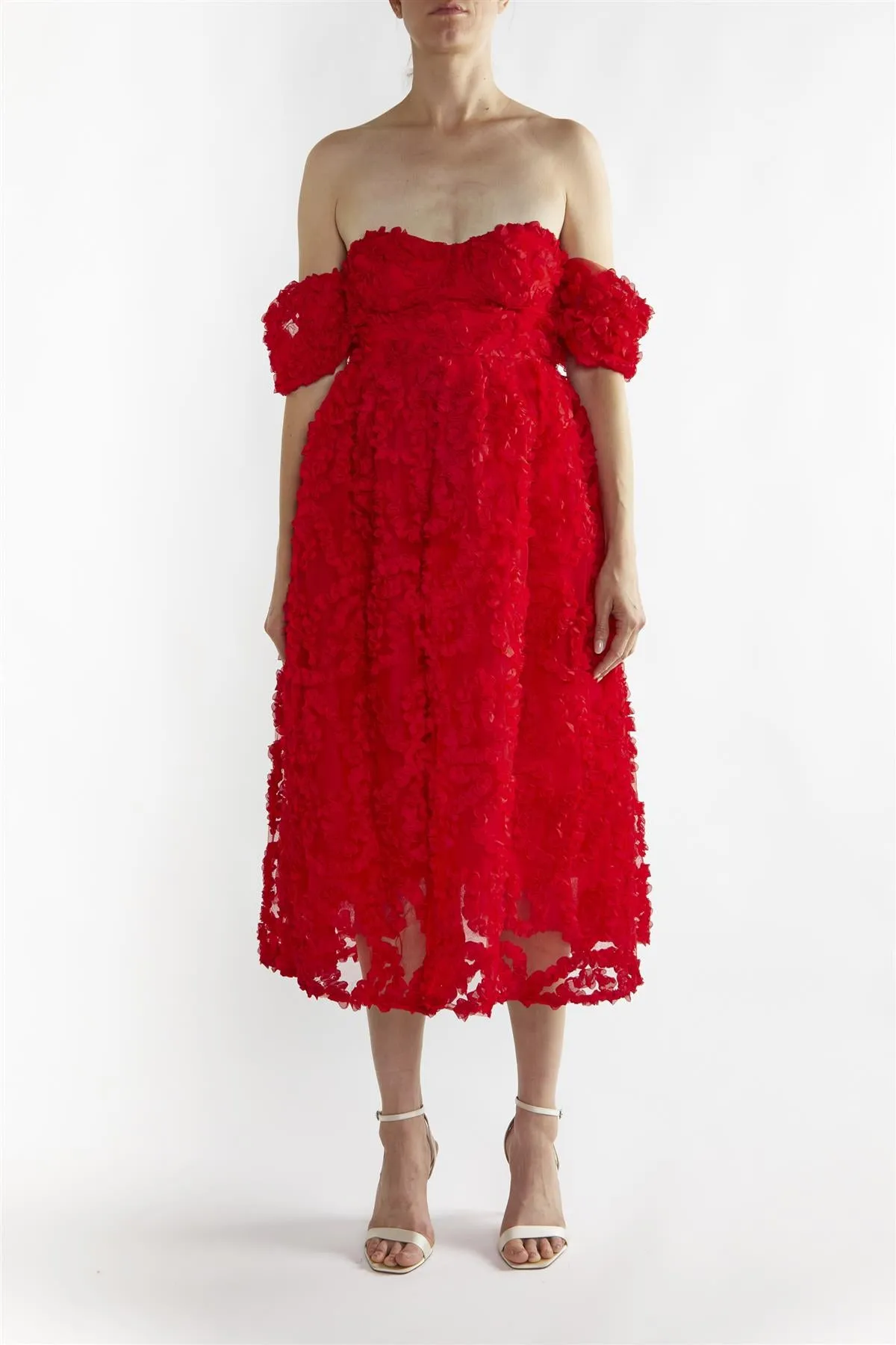 Amelia Red Bardot Bust Cup Midi Dress sold by True Decadence